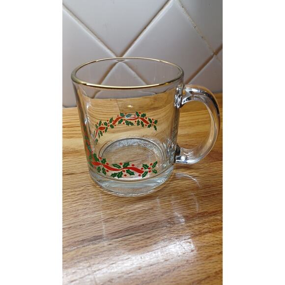 Set of 3 Vintage Christmas Holiday Holly‎ Leaf and Ribbon Glass Mug 12 oz - Picture 3 of 4